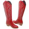 imageSHEMEE Womens Embroidered Cowboy Boots Stacked Chunky Heel Knee High Boots Western Cowgirl Long BootsRed