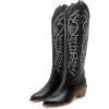 imageSHEMEE Womens Embroidered Cowboy Boots Stacked Chunky Heel Knee High Boots Western Cowgirl Long BootsBlack