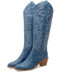 imageSHEMEE Womens Embroidered Cowboy Boots Stacked Chunky Heel Knee High Boots Western Cowgirl Long BootsBlue