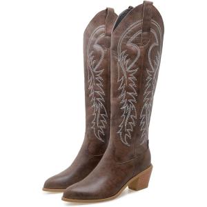 imageSHEMEE Womens Embroidered Cowboy Boots Stacked Chunky Heel Knee High Boots Western Cowgirl Long BootsBrown