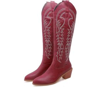 imageSHEMEE Womens Embroidered Cowboy Boots Stacked Chunky Heel Knee High Boots Western Cowgirl Long BootsBurgundy