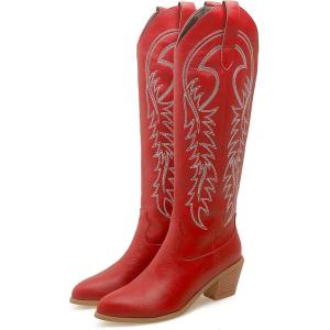 imageSHEMEE Womens Embroidered Cowboy Boots Stacked Chunky Heel Knee High Boots Western Cowgirl Long BootsRed