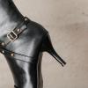 imageSHEMEE Women Stiletto Heels Knee High Boots Pointy Toe Fashion Studded Buckled Punk Tall Boots Full Zipper ShoesBlack