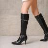 imageSHEMEE Women Stiletto Heels Knee High Boots Pointy Toe Fashion Studded Buckled Punk Tall Boots Full Zipper ShoesBlack