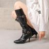 imageSHEMEE Women Stiletto Heels Knee High Boots Pointy Toe Fashion Studded Buckled Punk Tall Boots Full Zipper ShoesBlack