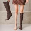 imageSHEMEE Women Stiletto Heels Knee High Boots Pointy Toe Fashion Studded Buckled Punk Tall Boots Full Zipper ShoesBrown
