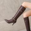 imageSHEMEE Women Stiletto Heels Knee High Boots Pointy Toe Fashion Studded Buckled Punk Tall Boots Full Zipper ShoesBrown