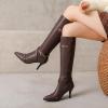 imageSHEMEE Women Stiletto Heels Knee High Boots Pointy Toe Fashion Studded Buckled Punk Tall Boots Full Zipper ShoesBrown
