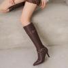 imageSHEMEE Women Stiletto Heels Knee High Boots Pointy Toe Fashion Studded Buckled Punk Tall Boots Full Zipper ShoesBrown
