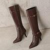 imageSHEMEE Women Stiletto Heels Knee High Boots Pointy Toe Fashion Studded Buckled Punk Tall Boots Full Zipper ShoesBrown