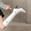 imageSHEMEE Women Stiletto Heels Knee High Boots Pointy Toe Fashion Studded Buckled Punk Tall Boots Full Zipper ShoesWhite