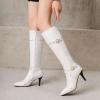 imageSHEMEE Women Stiletto Heels Knee High Boots Pointy Toe Fashion Studded Buckled Punk Tall Boots Full Zipper ShoesWhite