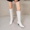 imageSHEMEE Women Stiletto Heels Knee High Boots Pointy Toe Fashion Studded Buckled Punk Tall Boots Full Zipper ShoesWhite