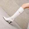 imageSHEMEE Women Stiletto Heels Knee High Boots Pointy Toe Fashion Studded Buckled Punk Tall Boots Full Zipper ShoesWhite