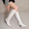 imageSHEMEE Women Stiletto Heels Knee High Boots Pointy Toe Fashion Studded Buckled Punk Tall Boots Full Zipper ShoesWhite