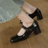 imageSHEMEE Womens Buckle Mary Janes Genuine Leather Chunky High Heel Pumps Vintage Square Toe Ankle Strap Block Heeled Dress ShoesBlack
