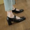 imageSHEMEE Womens Buckle Mary Janes Genuine Leather Chunky High Heel Pumps Vintage Square Toe Ankle Strap Block Heeled Dress ShoesBlack