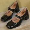 imageSHEMEE Womens Buckle Mary Janes Genuine Leather Chunky High Heel Pumps Vintage Square Toe Ankle Strap Block Heeled Dress ShoesBlack