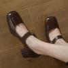 imageSHEMEE Womens Buckle Mary Janes Genuine Leather Chunky High Heel Pumps Vintage Square Toe Ankle Strap Block Heeled Dress ShoesBrown