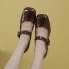 imageSHEMEE Womens Buckle Mary Janes Genuine Leather Chunky High Heel Pumps Vintage Square Toe Ankle Strap Block Heeled Dress ShoesBrown