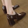 imageSHEMEE Womens Buckle Mary Janes Genuine Leather Chunky High Heel Pumps Vintage Square Toe Ankle Strap Block Heeled Dress ShoesBrown