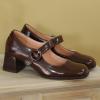 imageSHEMEE Womens Buckle Mary Janes Genuine Leather Chunky High Heel Pumps Vintage Square Toe Ankle Strap Block Heeled Dress ShoesBrown