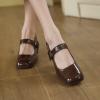 imageSHEMEE Womens Buckle Mary Janes Genuine Leather Chunky High Heel Pumps Vintage Square Toe Ankle Strap Block Heeled Dress ShoesBrown