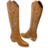 imageSHEMEE Womens Embroidered Cowboy Boots Stacked Chunky Heel Knee High Boots Western Cowgirl Long BootsYellow