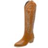 imageSHEMEE Womens Embroidered Cowboy Boots Stacked Chunky Heel Knee High Boots Western Cowgirl Long BootsYellow