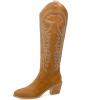 imageSHEMEE Womens Embroidered Cowboy Boots Stacked Chunky Heel Knee High Boots Western Cowgirl Long BootsYellow