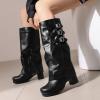 imageSHEMEE Womens Fold Over Boots Block Heels Knee High Boots Chunky Platform Square Toe Shark Boot Side Zipper Buckled Moto Biker BootsBlack