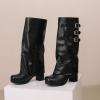 imageSHEMEE Womens Fold Over Boots Block Heels Knee High Boots Chunky Platform Square Toe Shark Boot Side Zipper Buckled Moto Biker BootsBlack