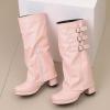 imageSHEMEE Womens Fold Over Boots Block Heels Knee High Boots Chunky Platform Square Toe Shark Boot Side Zipper Buckled Moto Biker BootsPink