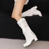 imageSHEMEE Womens Fold Over Boots Block Heels Knee High Boots Chunky Platform Square Toe Shark Boot Side Zipper Buckled Moto Biker BootsWhite