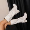 imageSHEMEE Womens Fold Over Boots Block Heels Knee High Boots Chunky Platform Square Toe Shark Boot Side Zipper Buckled Moto Biker BootsWhite