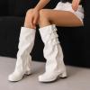 imageSHEMEE Womens Fold Over Boots Block Heels Knee High Boots Chunky Platform Square Toe Shark Boot Side Zipper Buckled Moto Biker BootsWhite