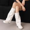 imageSHEMEE Womens Fold Over Boots Block Heels Knee High Boots Chunky Platform Square Toe Shark Boot Side Zipper Buckled Moto Biker BootsWhite