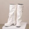 imageSHEMEE Womens Fold Over Boots Block Heels Knee High Boots Chunky Platform Square Toe Shark Boot Side Zipper Buckled Moto Biker BootsWhite