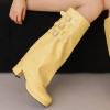 imageSHEMEE Womens Fold Over Boots Block Heels Knee High Boots Chunky Platform Square Toe Shark Boot Side Zipper Buckled Moto Biker BootsYellow