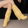imageSHEMEE Womens Fold Over Boots Block Heels Knee High Boots Chunky Platform Square Toe Shark Boot Side Zipper Buckled Moto Biker BootsYellow