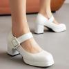 imageSHEMEE Womens Square Toe Mary Janes Chunky Heels Platform Shoes Ankle Strap Buckle Block High Heel Dress PumpsWhite