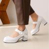 imageSHEMEE Womens Square Toe Mary Janes Chunky Heels Platform Shoes Ankle Strap Buckle Block High Heel Dress PumpsWhite Patent