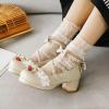 imageSHEMEE Womens Sweet Bowknot Cosplay Shoes Chunky Platform Block Heels Buckle Ankle Strap Mary Jane Dress PumpsBeige