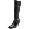 imageSHEMEE Women Stiletto Heels Knee High Boots Pointy Toe Fashion Studded Buckled Punk Tall Boots Full Zipper ShoesBlack