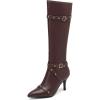 imageSHEMEE Women Stiletto Heels Knee High Boots Pointy Toe Fashion Studded Buckled Punk Tall Boots Full Zipper ShoesBrown