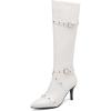 imageSHEMEE Women Stiletto Heels Knee High Boots Pointy Toe Fashion Studded Buckled Punk Tall Boots Full Zipper ShoesWhite