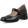 imageSHEMEE Womens Buckle Mary Janes Genuine Leather Chunky High Heel Pumps Vintage Square Toe Ankle Strap Block Heeled Dress ShoesBlack