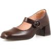 imageSHEMEE Womens Buckle Mary Janes Genuine Leather Chunky High Heel Pumps Vintage Square Toe Ankle Strap Block Heeled Dress ShoesBrown