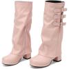 imageSHEMEE Womens Fold Over Boots Block Heels Knee High Boots Chunky Platform Square Toe Shark Boot Side Zipper Buckled Moto Biker BootsPink