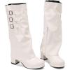 imageSHEMEE Womens Fold Over Boots Block Heels Knee High Boots Chunky Platform Square Toe Shark Boot Side Zipper Buckled Moto Biker BootsWhite